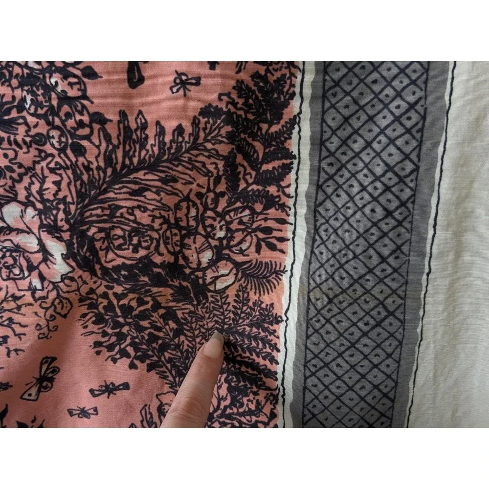 Vintage California Hand Prints Tablecloth Pink Gray Botanical Butterflies 1950s